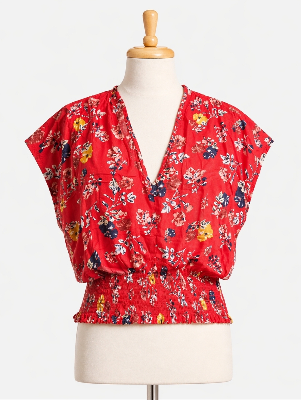 Red Floral Smocked Waist Blouse | Boho V-Neck Top | Lightweight Summer Shirt
